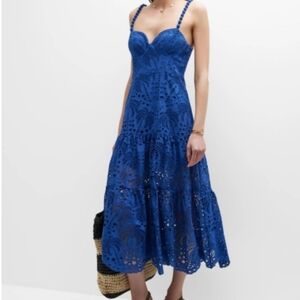 Farm Rio 100% Cotton Deep Blue Palm Tree Richelieu Midi Dress 💙🦋🌴